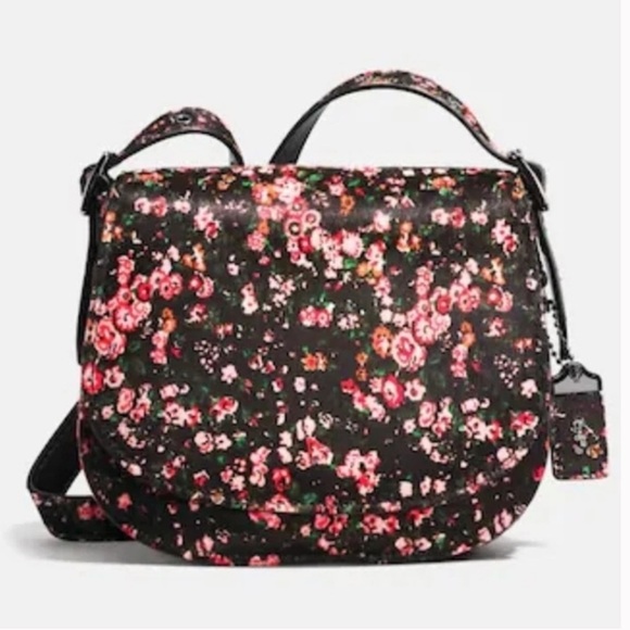 COACH Saddle 23 Cowhide $895 Floral Gunmetal Black Pink Leather CALF HAIR Auth - Picture 2 of 6